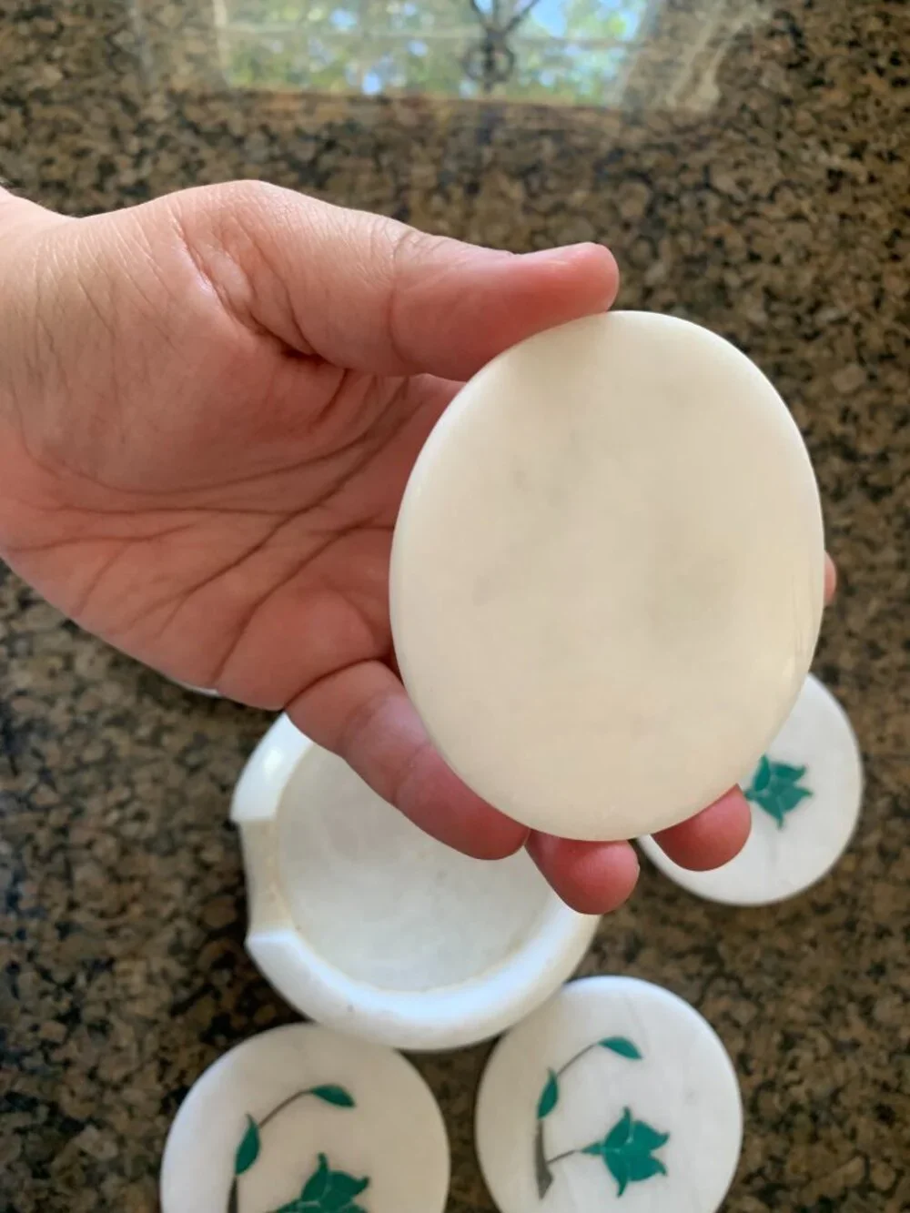 5 Coaster, 6 Piece Marble Coaster Set With Gemstone Inlay from Sri Lanka